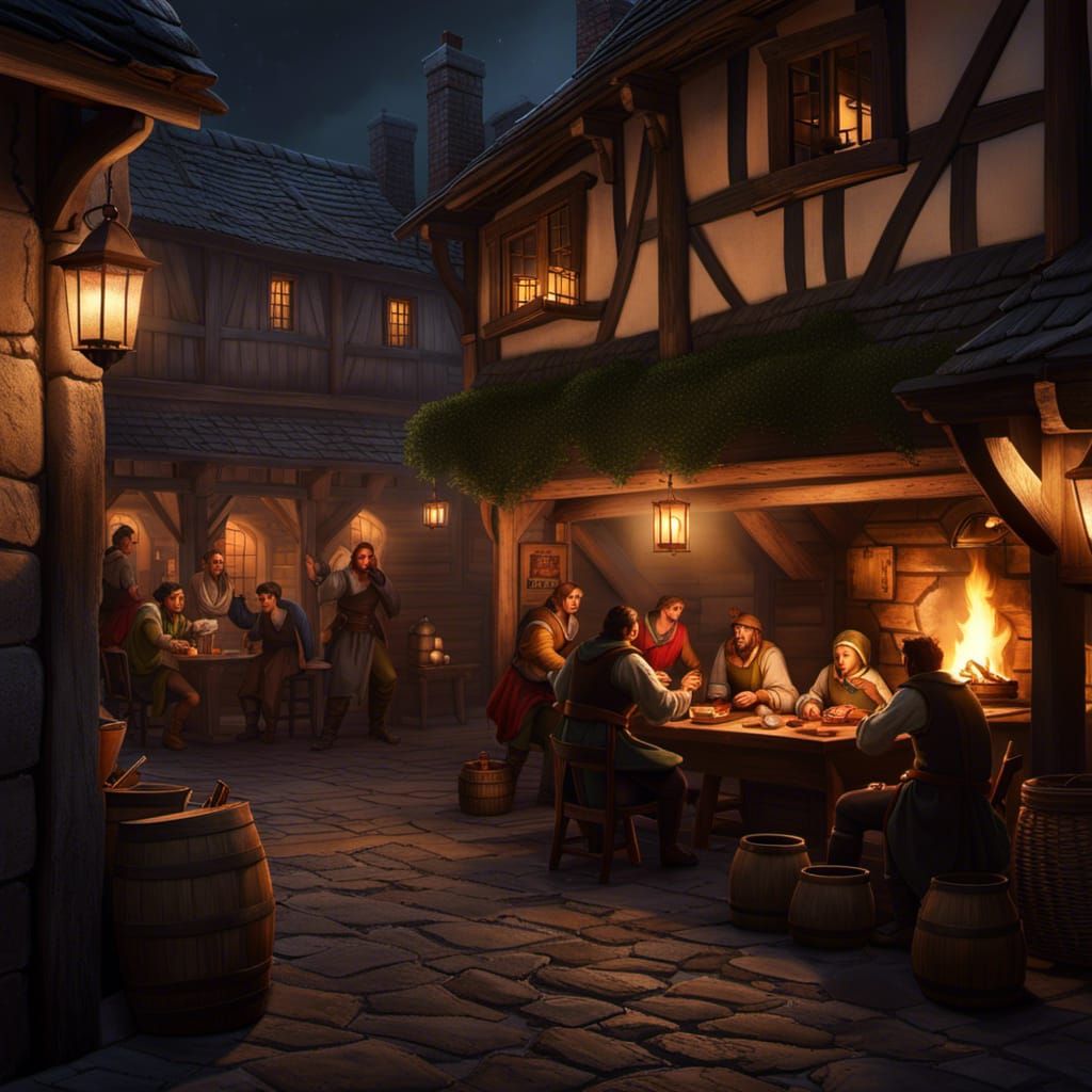 Cozy Medieval Tavern at Night: Hyperrealistic Art