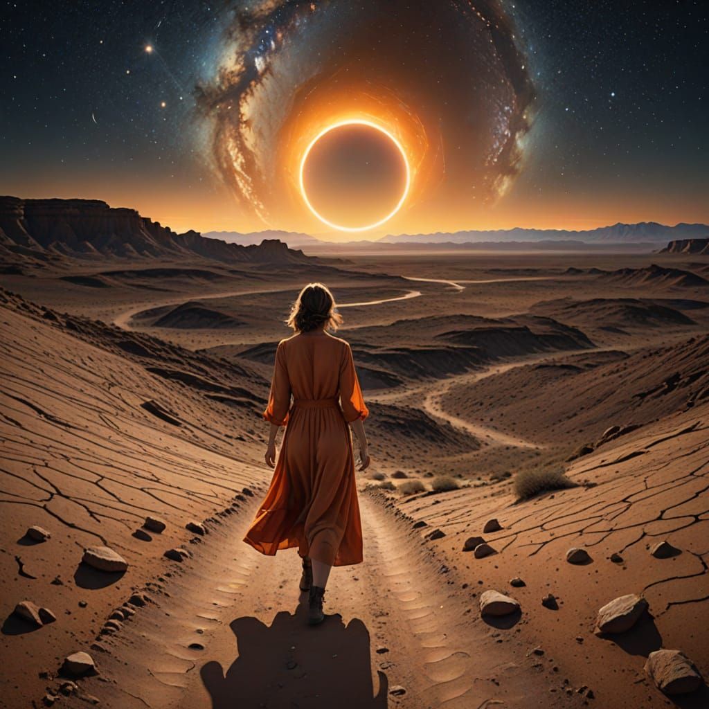 Woman Gazes at Cosmic Ring in Desert Landscape