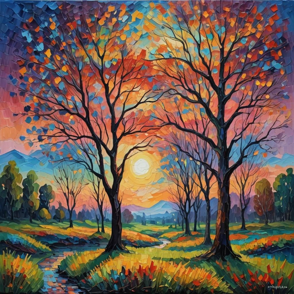 Bright Twilight in Neo-Impressionist Oil Painting