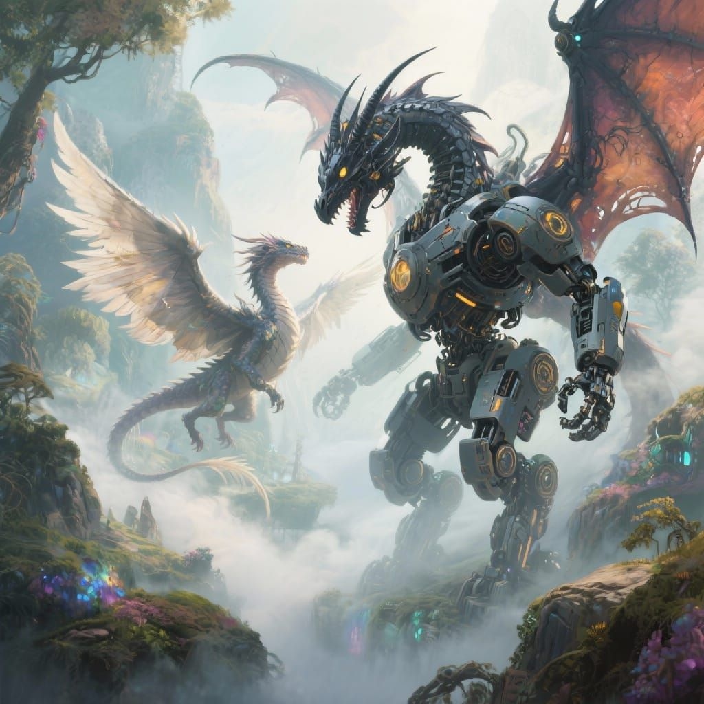 Mech Shadow Dragon Fights Angel Dragon in Ethereal Mist