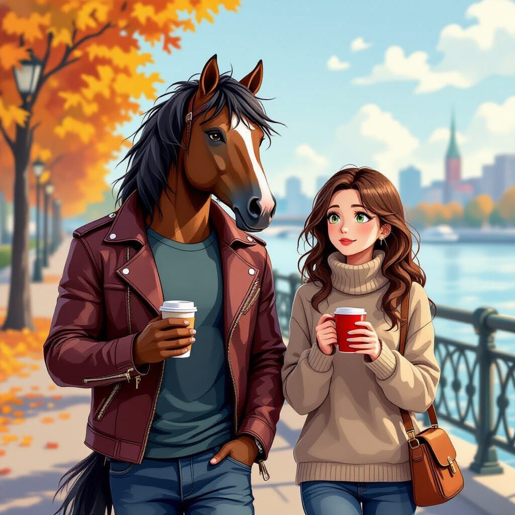 Man with Horse Head and Woman Walk in Voronezh