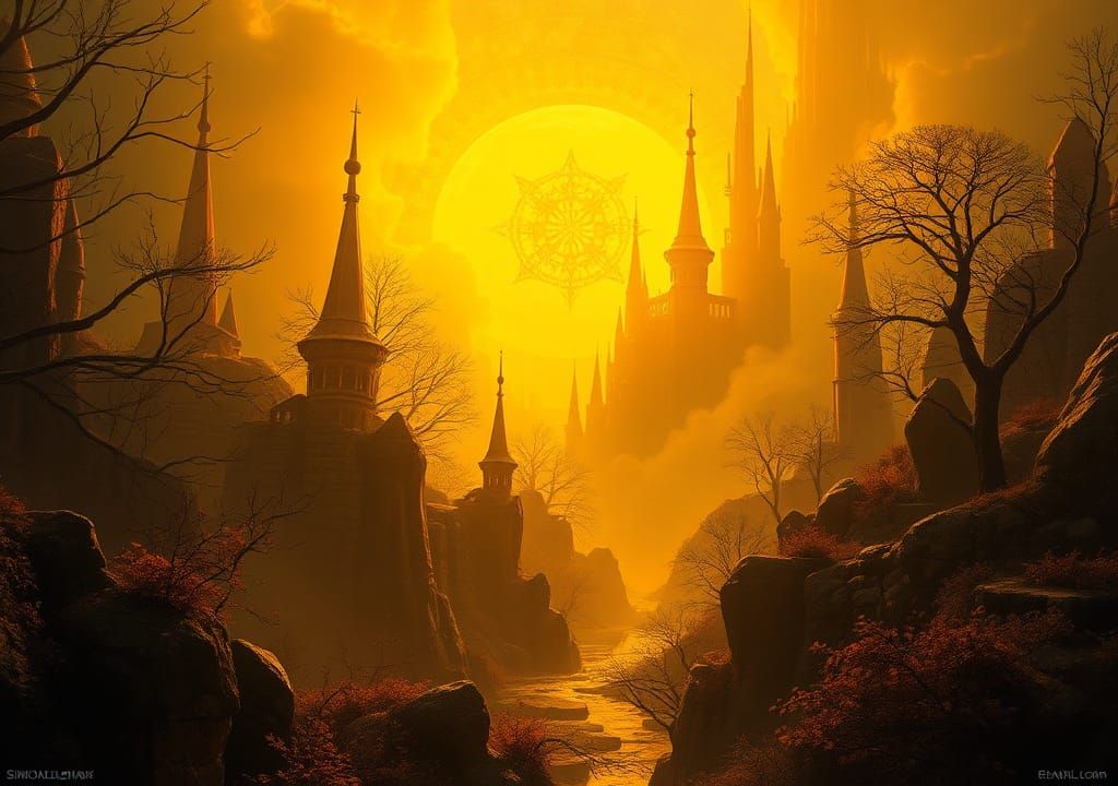 Mystical Golden Landscape in Digital Art Style