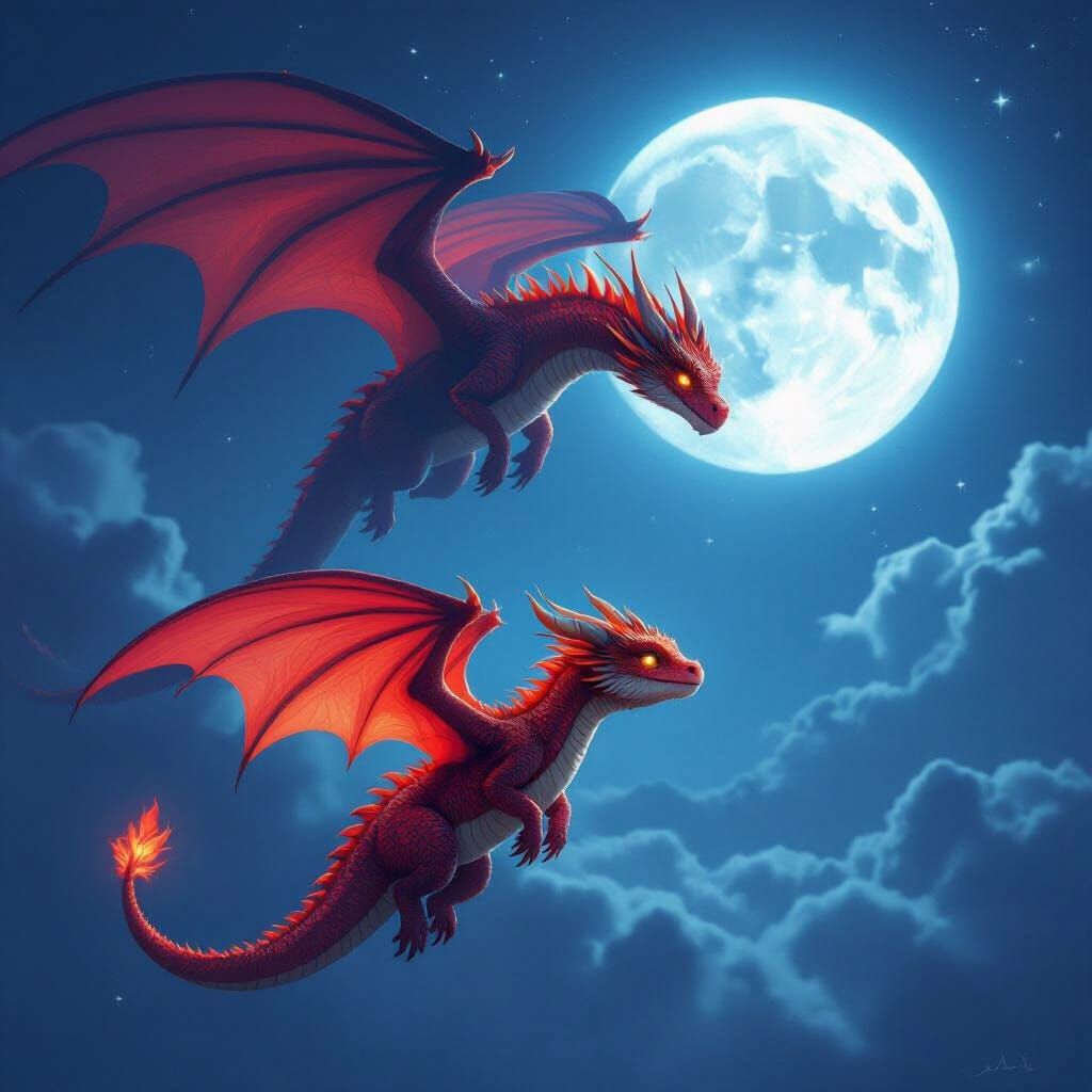 Ruby Dragons Soar in Moonlit Night Sky