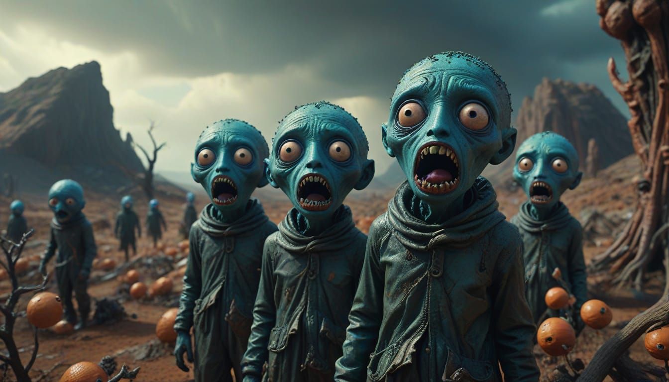 Surreal Dreamscape with Bizarre Figures and Giant Eyes