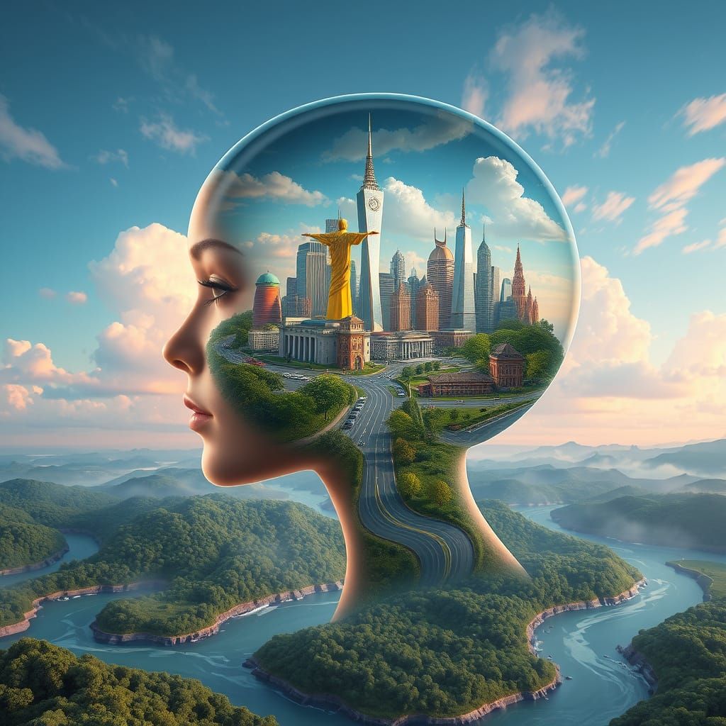 Futuristic Female Head in Profile with Bustling Cityscape