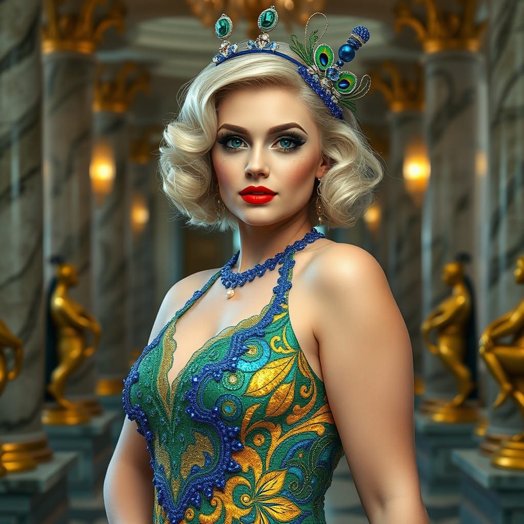 Colorful 1920s curvy bombshell beautiful flapper girl Marily...