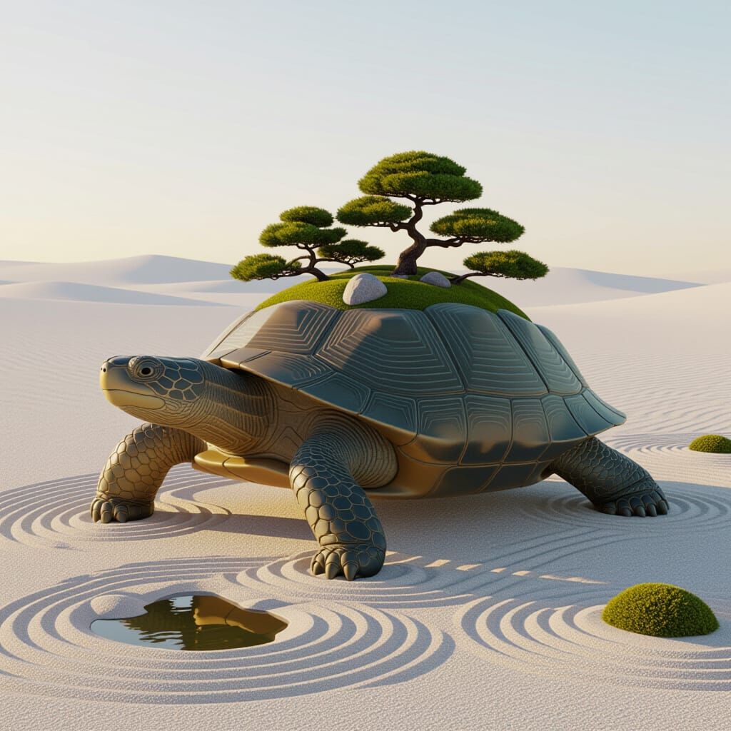 Zen Garden Turtle in Desert Landscape, Minimalist Style