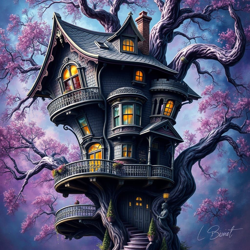 Whimsical Tree House in Vibrant, Surreal Neoclassical Style