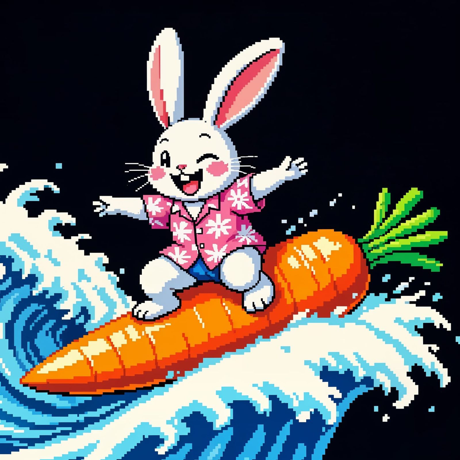 8-Bit Pixel Art Surfing Rabbit in Gameboy Style
