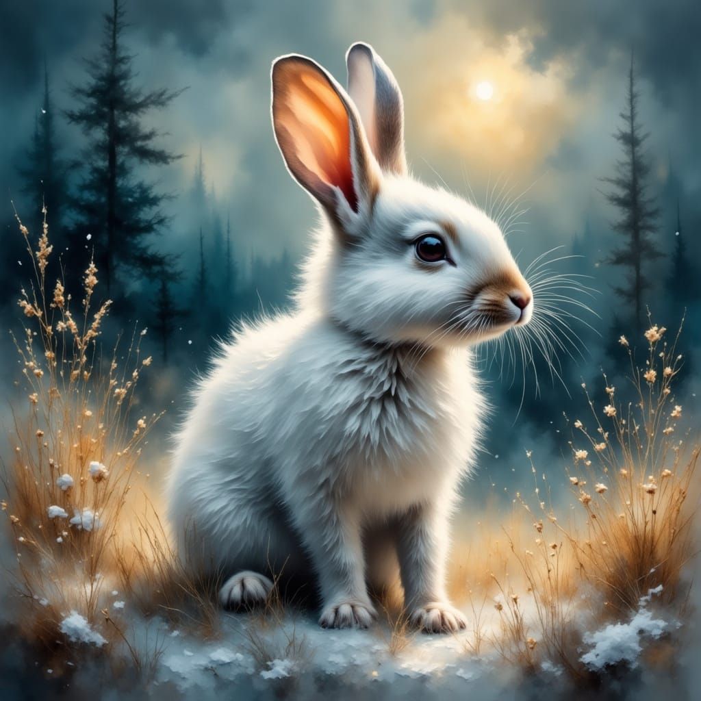 Fluffy White Rabbit in Foggy Meadow