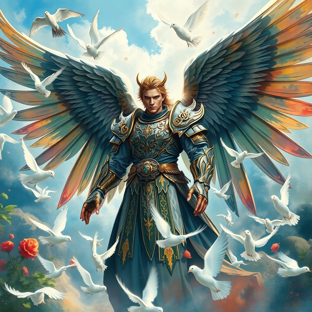 Regal Anime Warrior Archangel Amidst Radiant Doves
