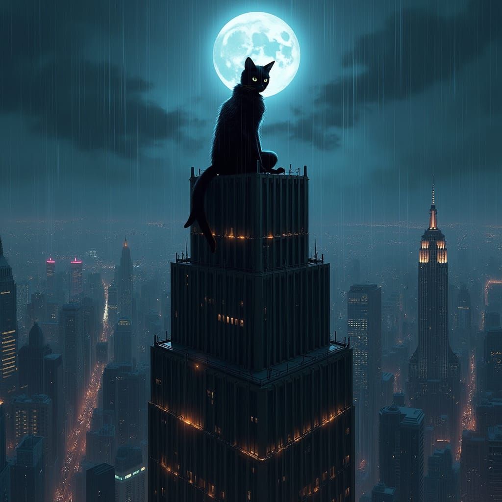 Gothic Cat Figure on Skyscraper Overlooking Neon City