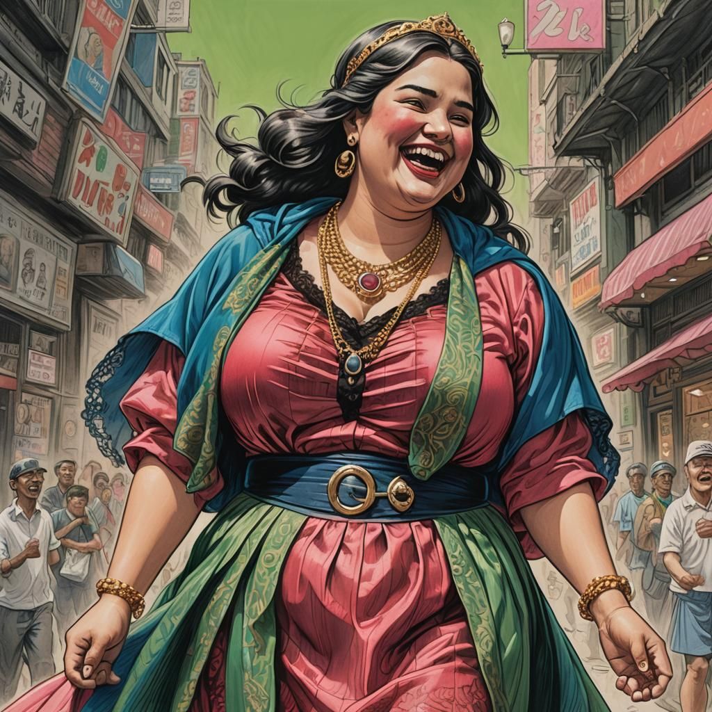 Laughing Plump Woman in Comic Book Style