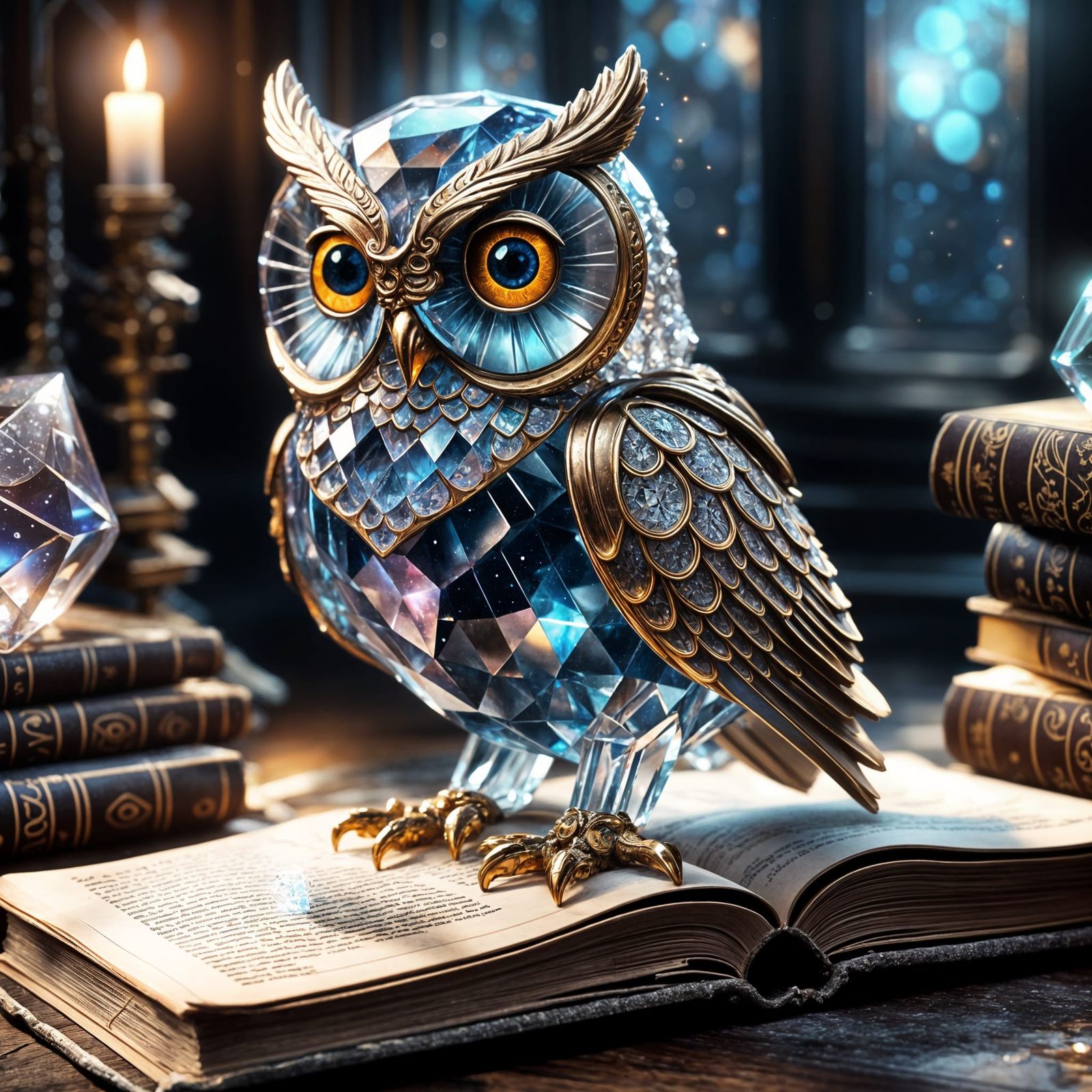 Magical Crystal Owl on Book in Galaxy