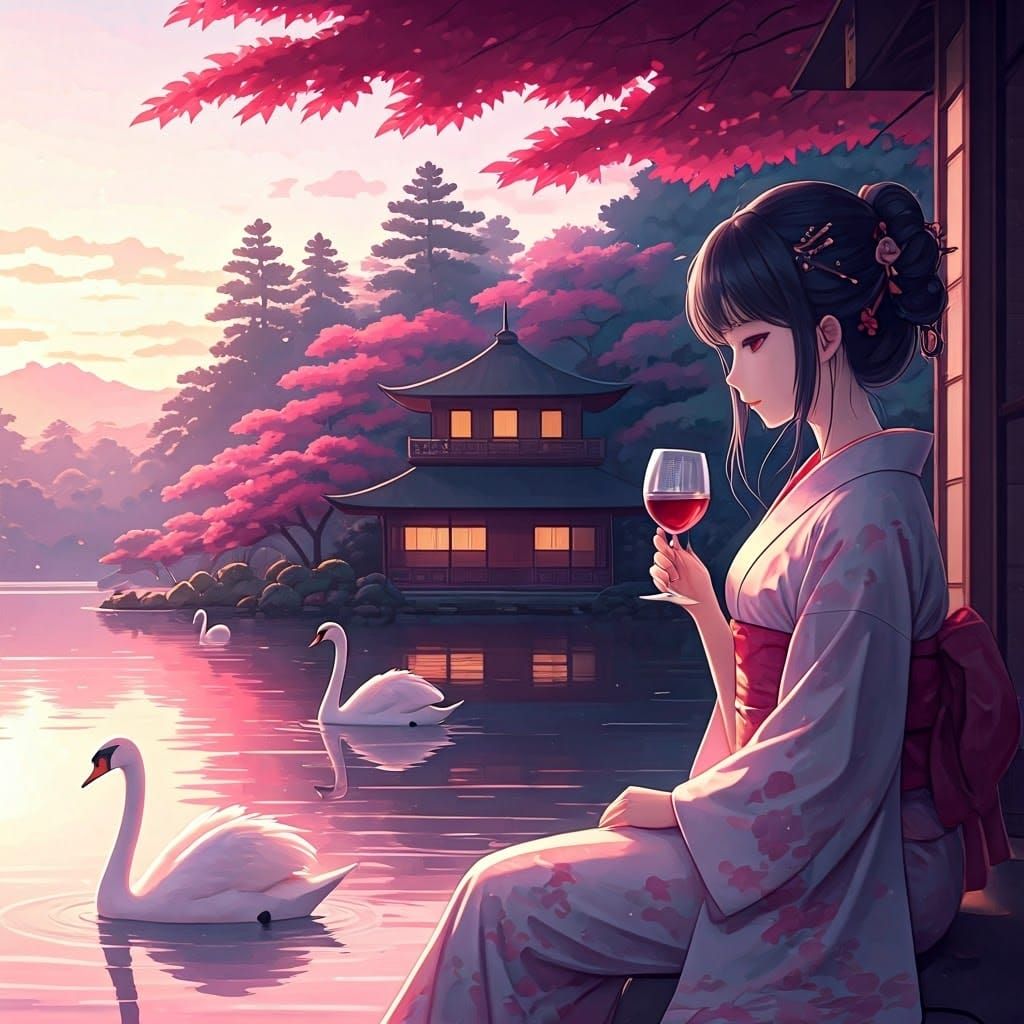 A dark, vague, indistinct, shadowed, silhouetted shadowy shape of a Japanese woman, dressed in a kimono with an indistin...