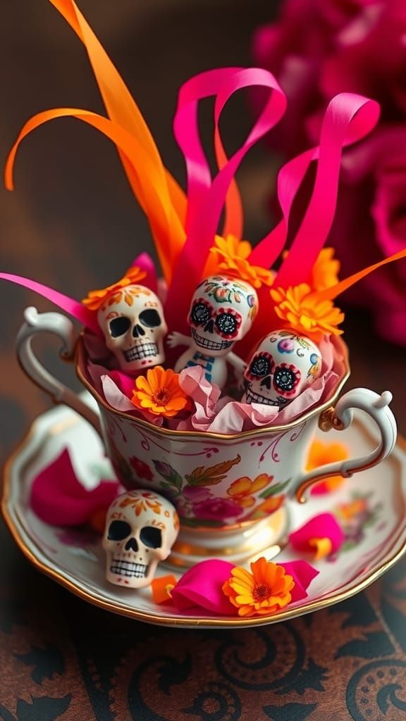 Dia De Muertos Ofrenda in Teacup, Folk Art Style