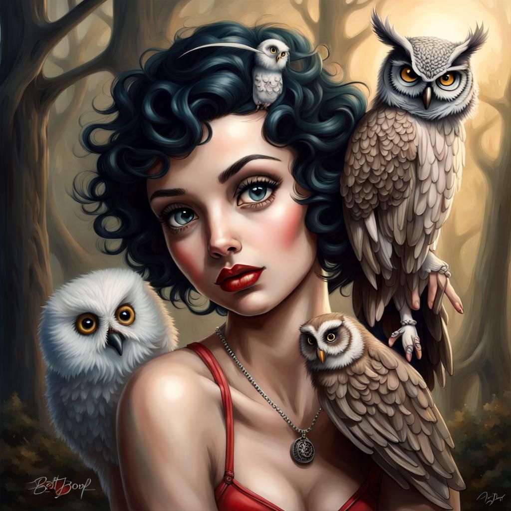 Realistic Betty Boop with Mystical Owl