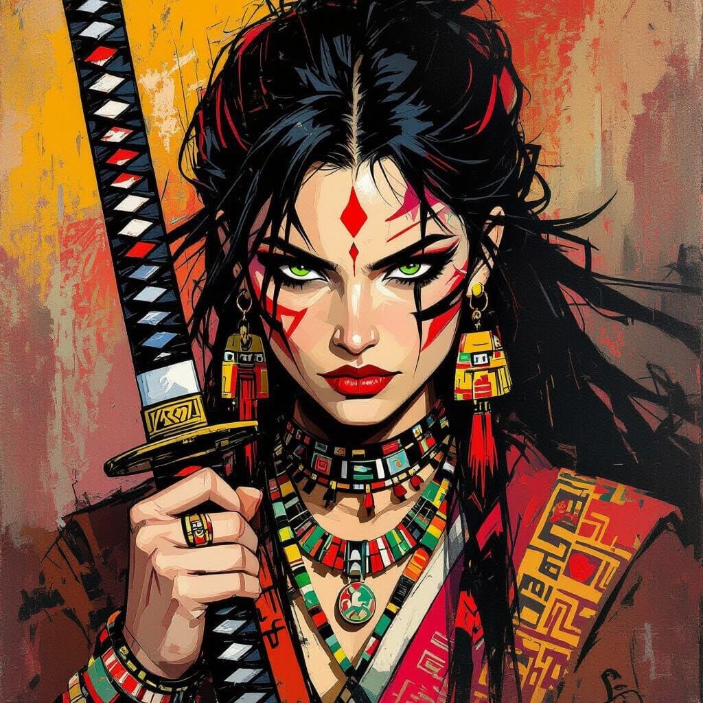 Woman with Katana: Expressionist Style Portrait
