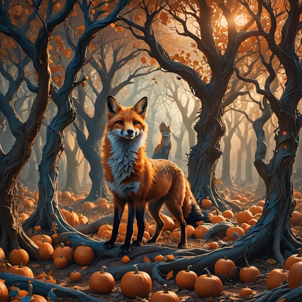Fox in Mystical Grove of Pumpkins: Matte Painting