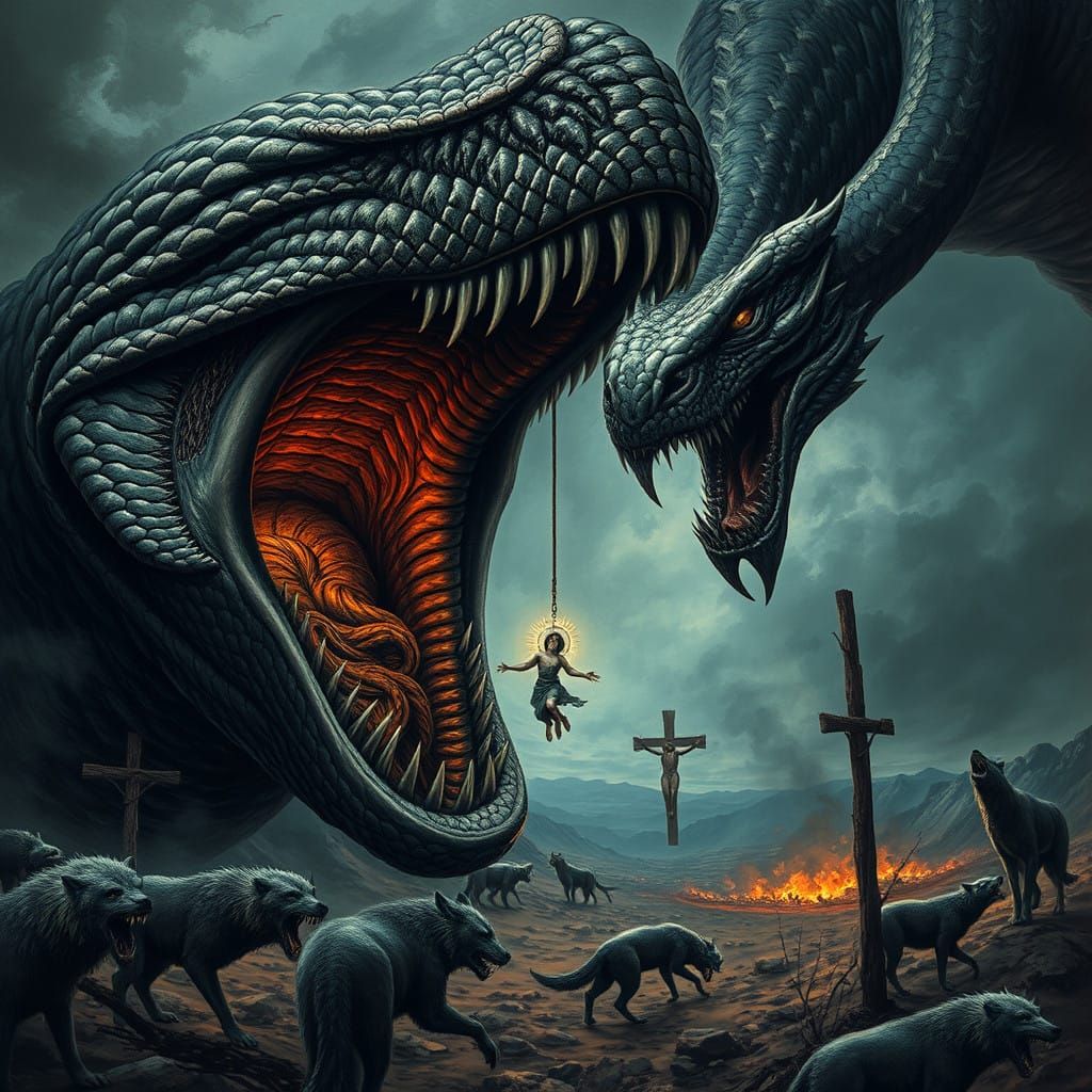 Nightmare Scene of a Dragon Swallowing a Titanoboa in a Dark...
