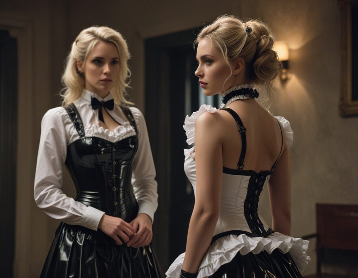 A man-sissy in a black latex maid outfit stands in the middl...