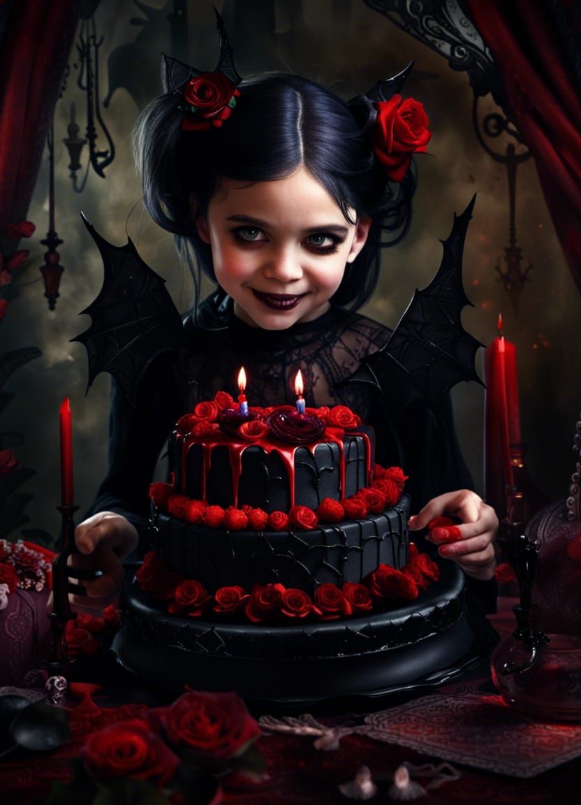 Happy Vampire Girl with Goth Birthday Cake