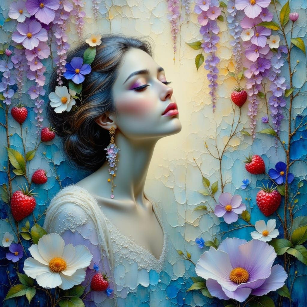 Ethereal Goddess Surrounded by Vibrant Blooms in Soft Metall...