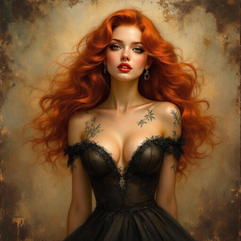 Redhead Pin-Up in Alphonse Mucha and Tonalism Fusion