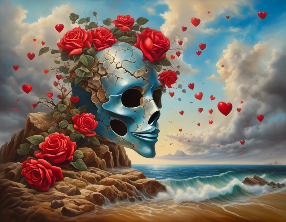 Surreal Mask Fused with Rock in Dreamlike Seascape