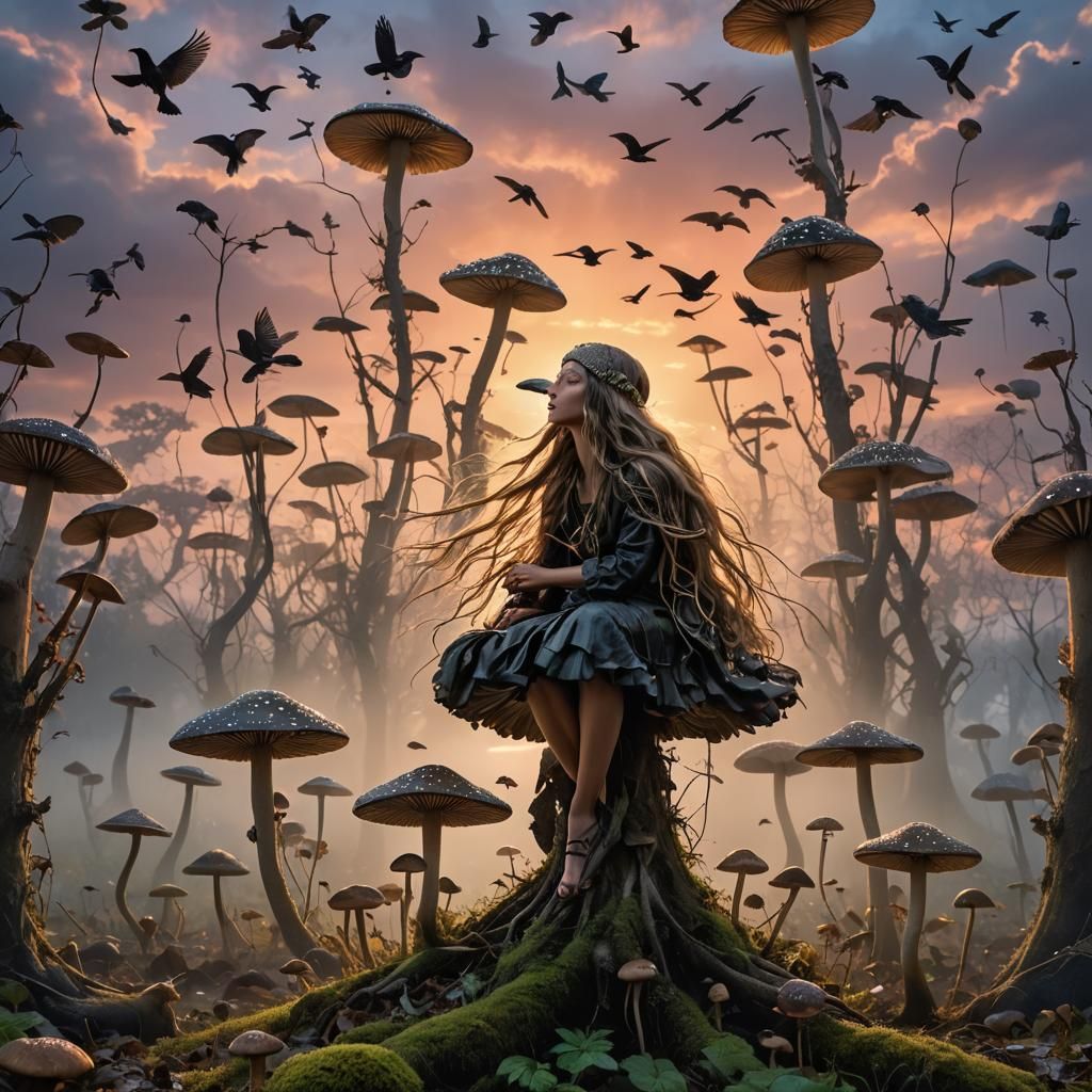 Mystical Mushroom-Birds Collage at Sunset