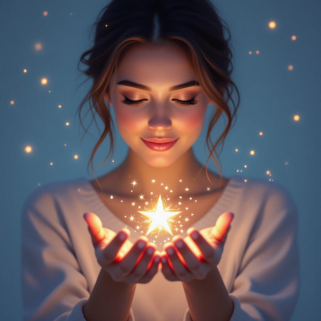 Woman Holding Radiant Starlets with Ethereal Glow