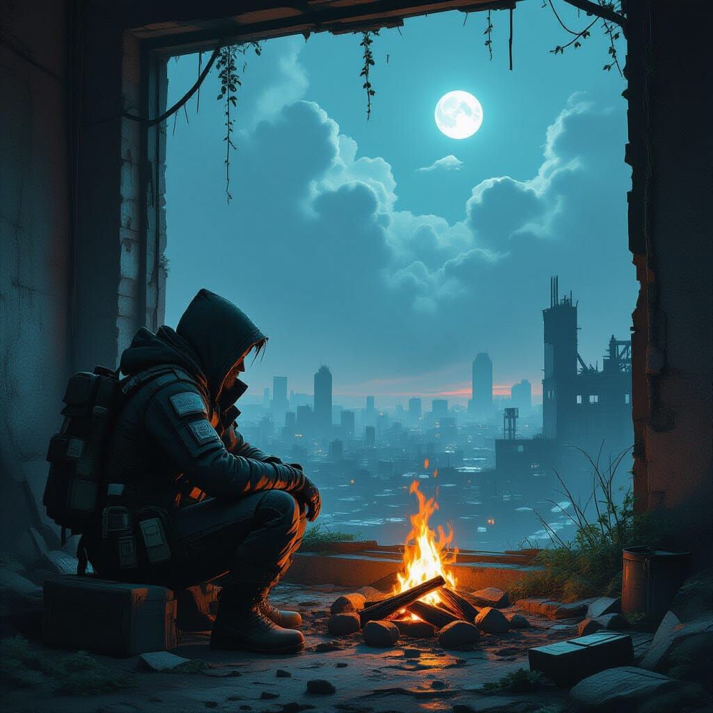 Post-Apocalyptic Survivalist by Campfire in Ruined City