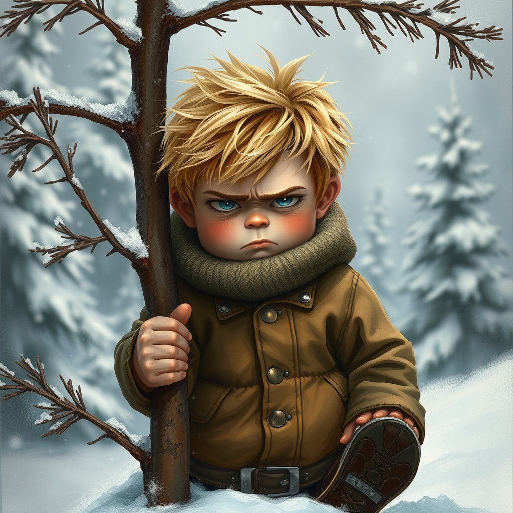 Boy in Winter Forest: Whimsical Oil Painting