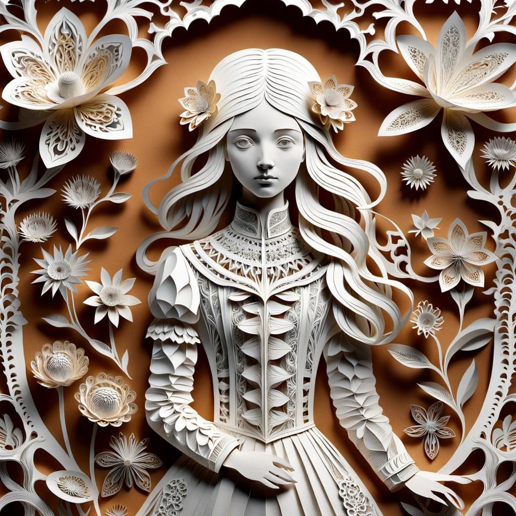 Girl with Flowers: 3D Paper Art Sculpture