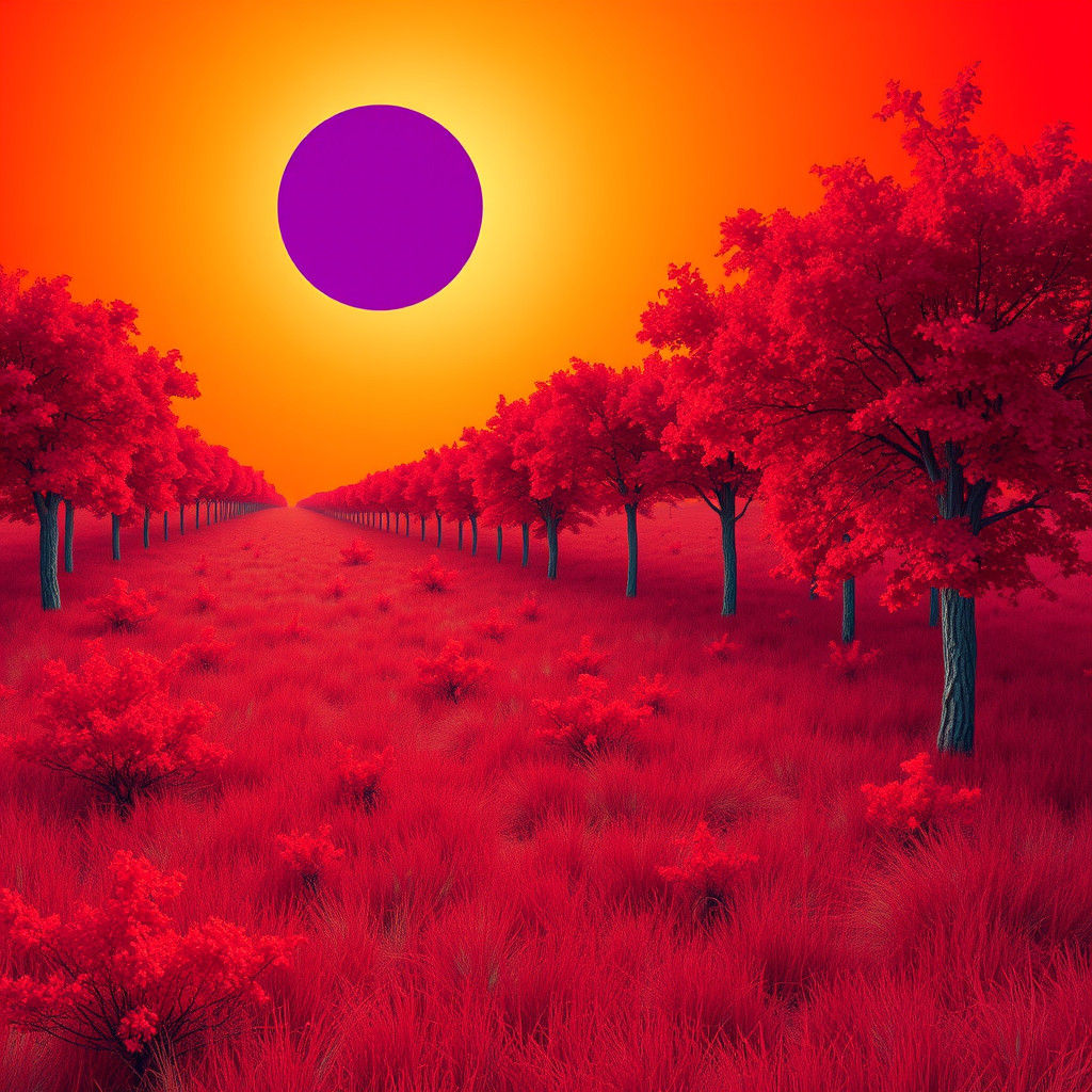 Surreal Landscape with Purple Sun and Orange Sky