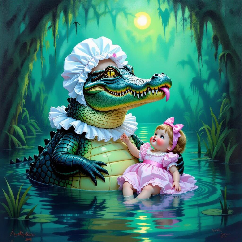 Surreal Alligator in Baby Clothes Eats Doll in Dreamlike Swa...