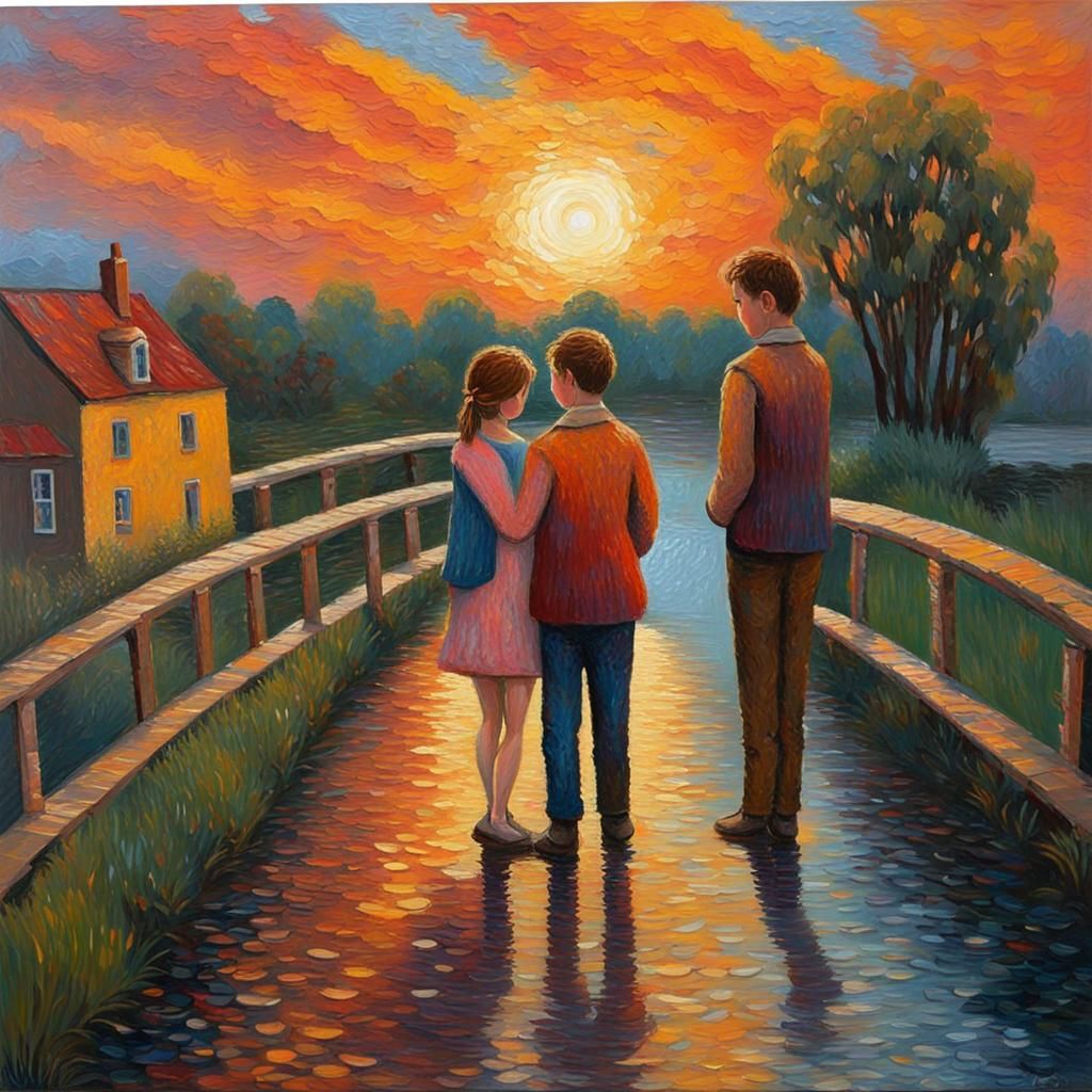 Neo-Impressionist Sunset: Couple on Bridge in Oil Painting