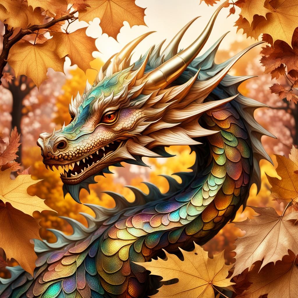 Iridescent Dragon Among Golden Autumn Leaves