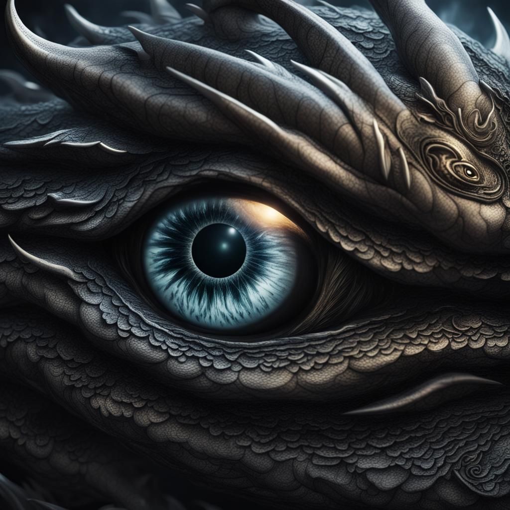 Ethereal Black Dragon Eye Close-up in Whimsical Style