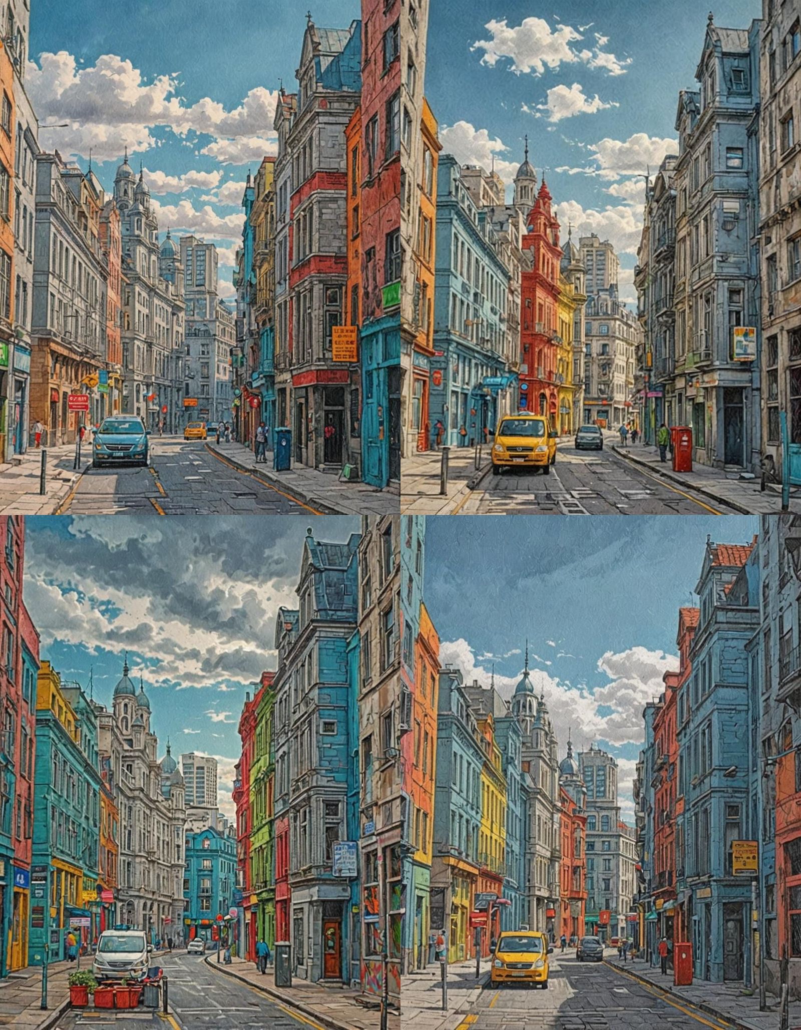 Colorful London Street Scene with Blue Sky