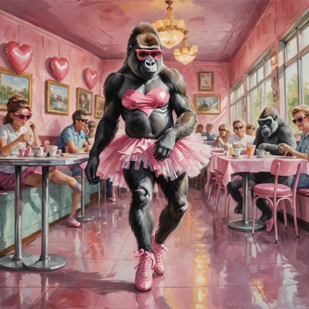 Gorilla Ballerina's Diner Pirouette: An Impressionist Gouach...