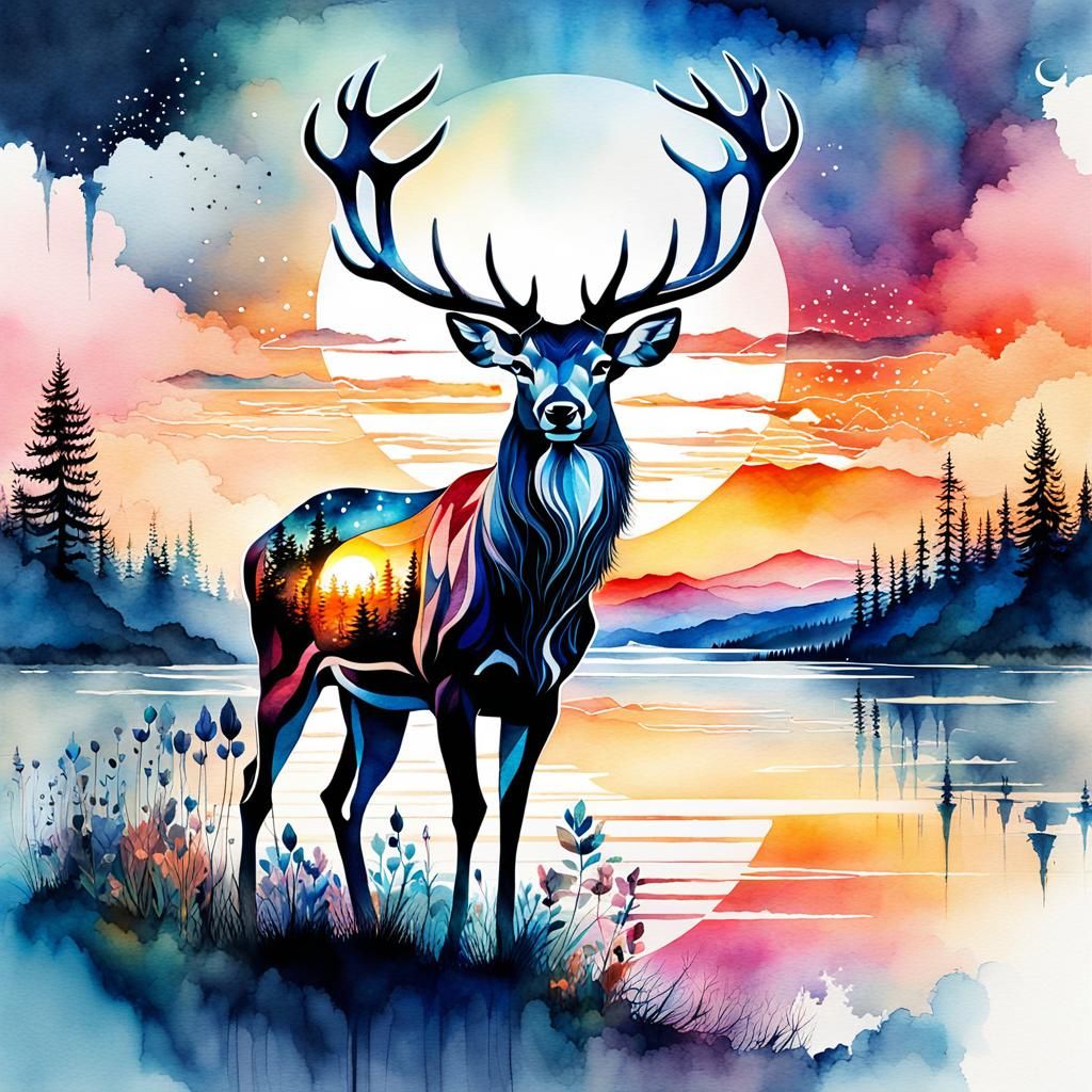 Fantasy Deer in Summerscape Sunset: Watercolor Illustration
