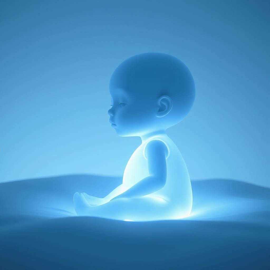 Luminescent Baby Avatar Awakens in Digital Reality