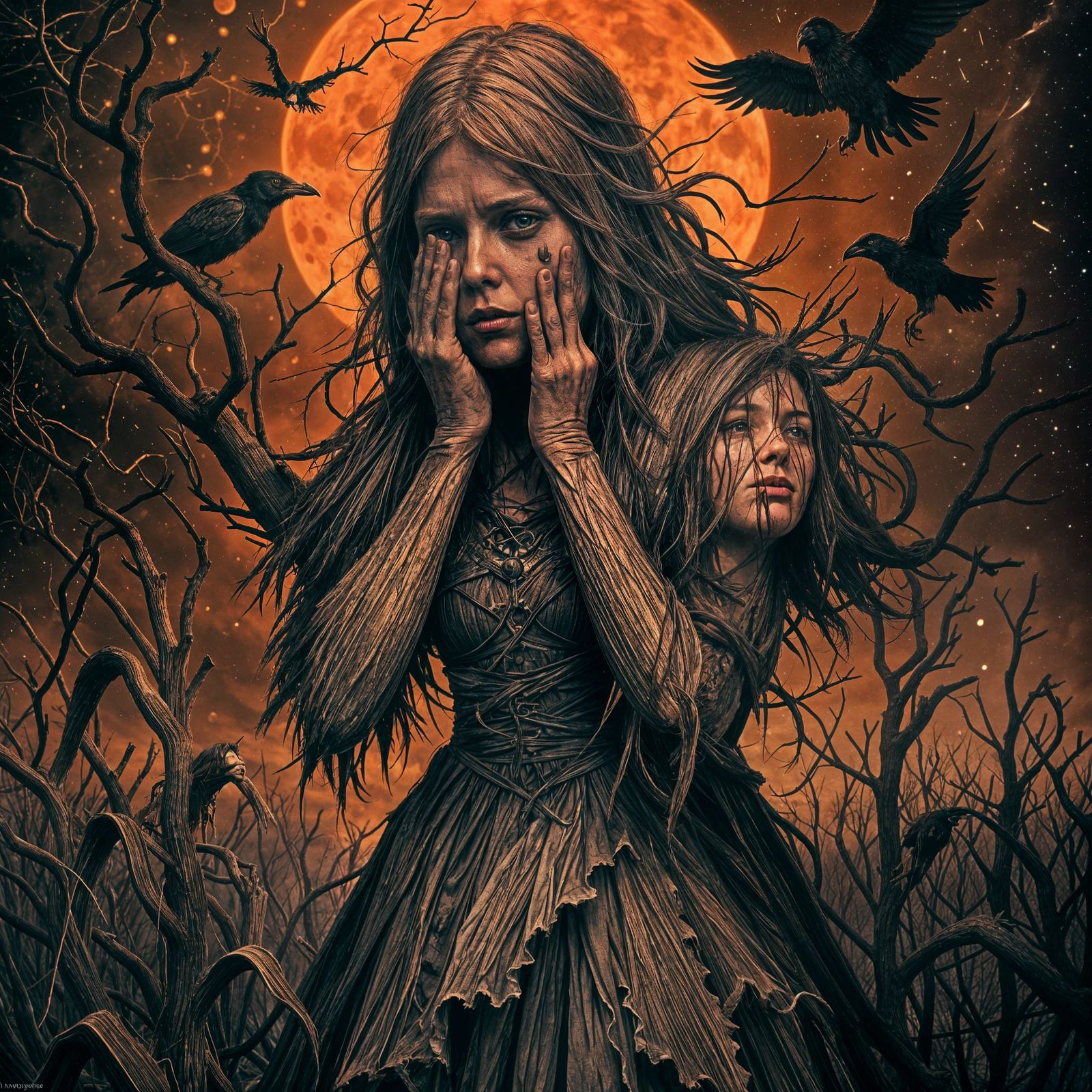 Sorrowful Scarecrow Maiden Under Blood Moon