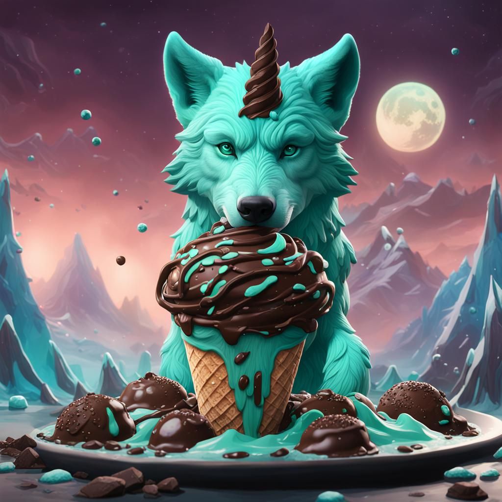 Mint Chocolate Ice Cream Wolf: Detailed Matte Painting
