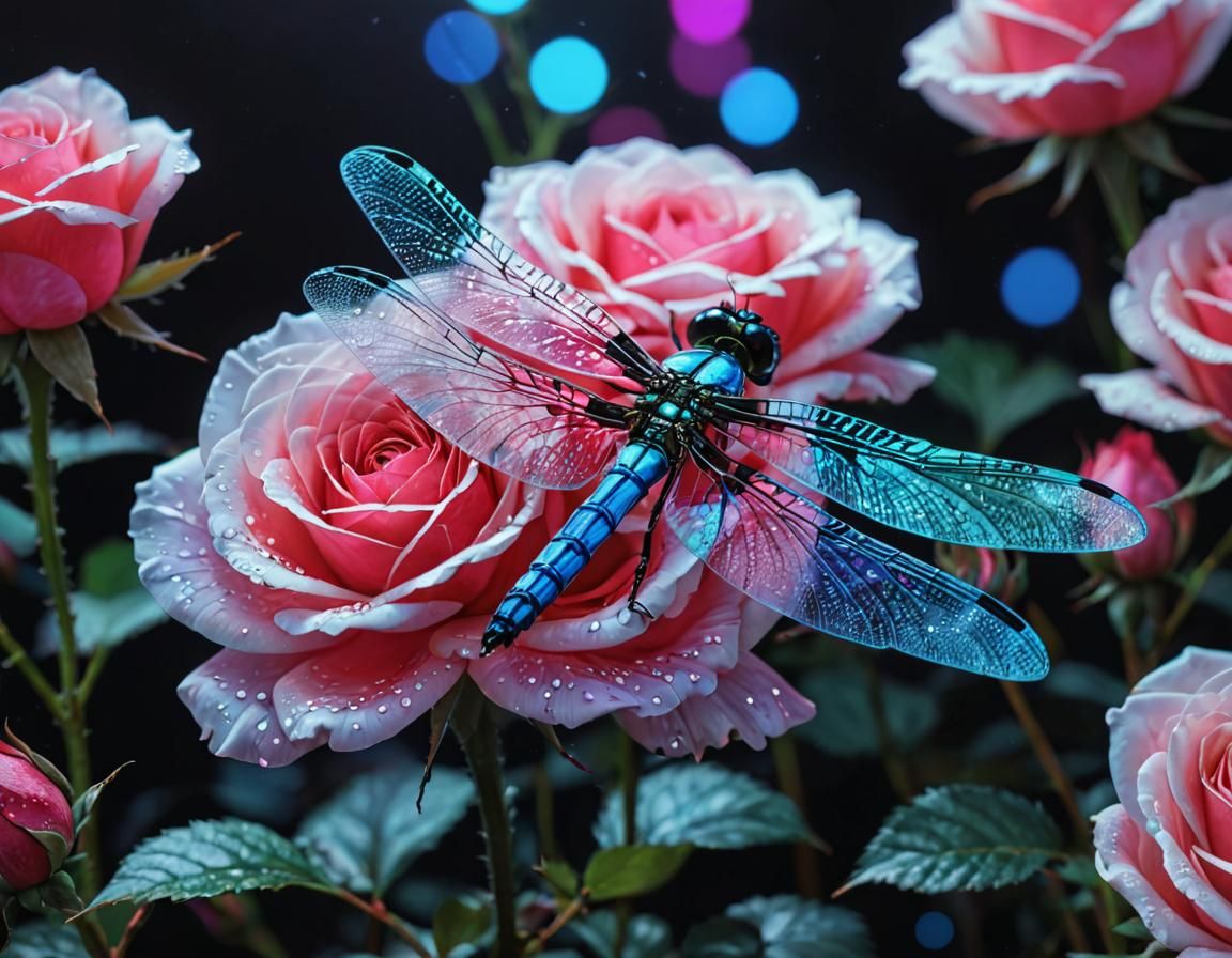 Holographic Dragonfly in Black and White Watercolor
