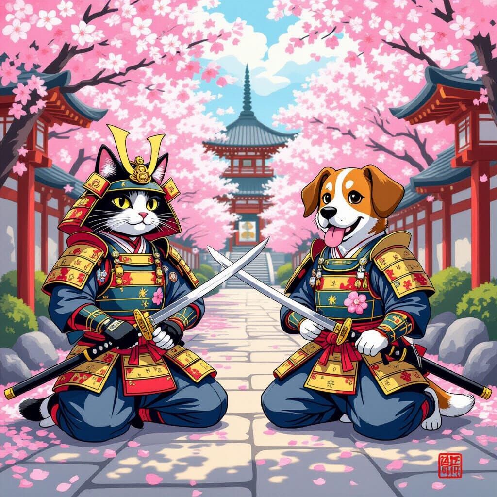 Samurai Cat and Dog Warriors in Cherry Garden