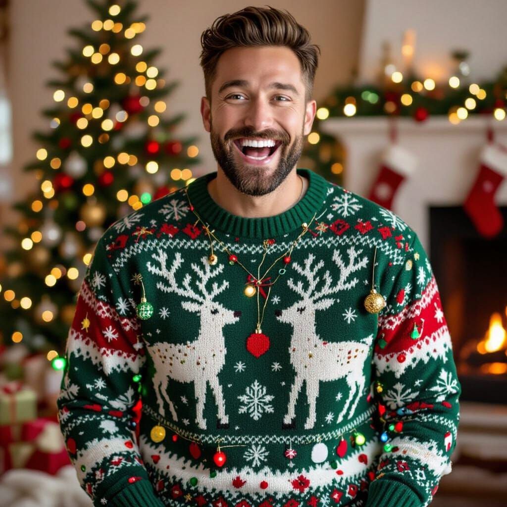 Joyful Man in Over-the-Top Ugly Christmas Sweater