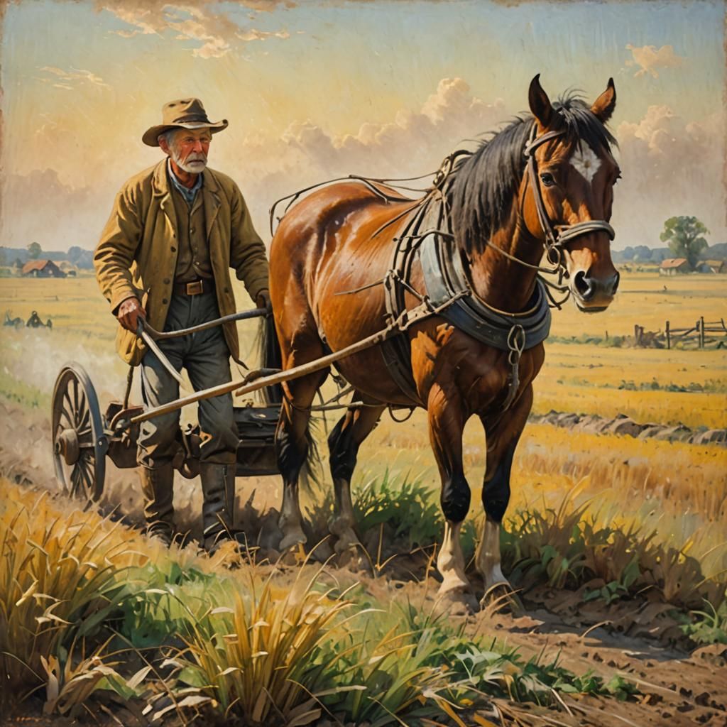 Farmer with horse plowing the field