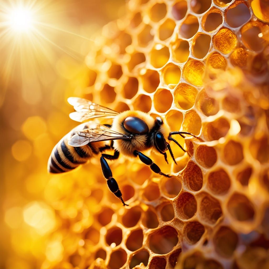 Golden Honeycomb Dance in Vibrant Macro